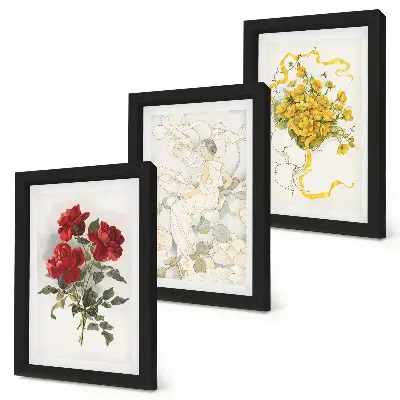 Conjunto de molduras com quadros rosas vermelhas, figura branca e flores amarelas em um vaso