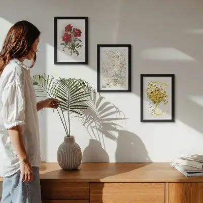 Conjunto de molduras com quadros rosas vermelhas, figura branca e flores amarelas em um vaso
