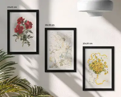 Conjunto de molduras com quadros rosas vermelhas, figura branca e flores amarelas em um vaso