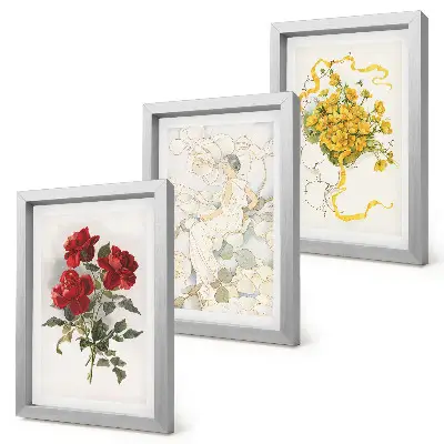 Conjunto de molduras com quadros rosas vermelhas, figura branca e flores amarelas em um vaso