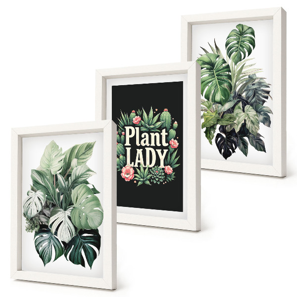 Tríptico com moldura Plantas tropicais com a inscrição