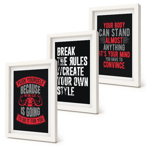 Conjunto de 3 quadros decorativos Slogans de motivação para treinamento e autodesenvolvimento