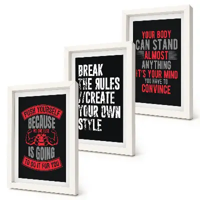 Conjunto de 3 quadros decorativos com frases de motivação para treinamento e autodesenvolvimento