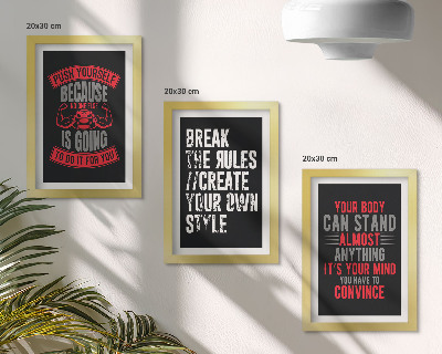 Conjunto de 3 quadros decorativos Slogans de motivação para treinamento e autodesenvolvimento