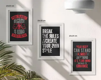 Conjunto de 3 quadros decorativos com frases de motivação para treinamento e autodesenvolvimento
