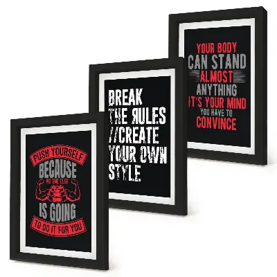 Conjunto de 3 quadros decorativos com frases de motivação para treinamento e autodesenvolvimento
