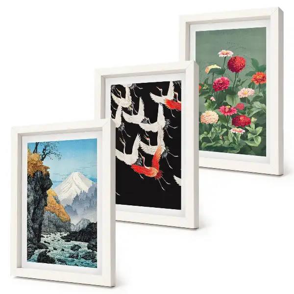 Conjunto de molduras com imagens estampa de montanhas com cachoeira, pássaros em voo e flores coloridas