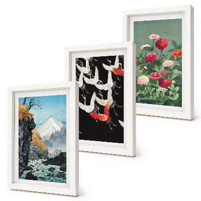 Conjunto de molduras com imagens estampa de montanhas com cachoeira, pássaros em voo e flores coloridas