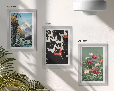Conjunto de molduras com imagens estampa de montanhas com cachoeira, pássaros em voo e flores coloridas