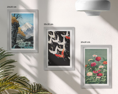 Conjunto de molduras com imagens Montanhas com uma cachoeira, pássaros em voo e flores coloridas.