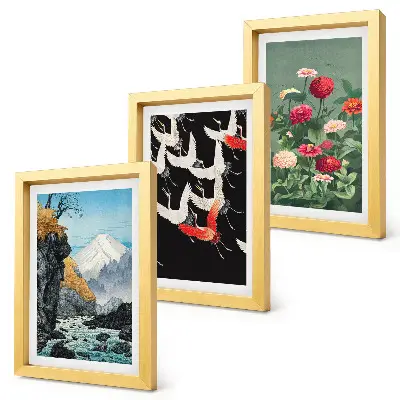 Conjunto de molduras com imagens estampa de montanhas com cachoeira, pássaros em voo e flores coloridas