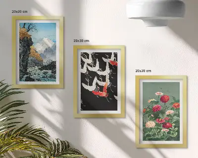 Conjunto de molduras com imagens estampa de montanhas com cachoeira, pássaros em voo e flores coloridas
