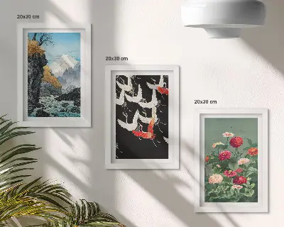 Conjunto de molduras com imagens estampa de montanhas com cachoeira, pássaros em voo e flores coloridas