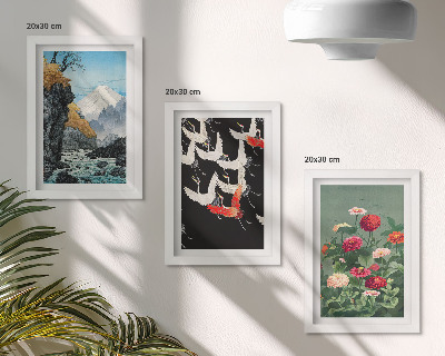 Conjunto de molduras com imagens Montanhas com uma cachoeira, pássaros em voo e flores coloridas.