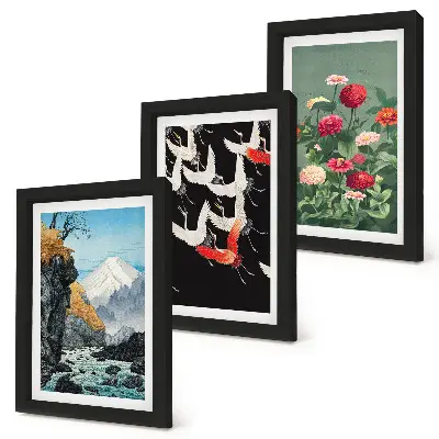 Conjunto de molduras com imagens estampa de montanhas com cachoeira, pássaros em voo e flores coloridas