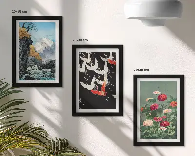 Conjunto de molduras com imagens estampa de montanhas com cachoeira, pássaros em voo e flores coloridas