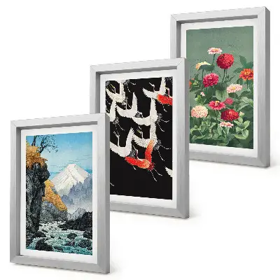 Conjunto de molduras com imagens estampa de montanhas com cachoeira, pássaros em voo e flores coloridas