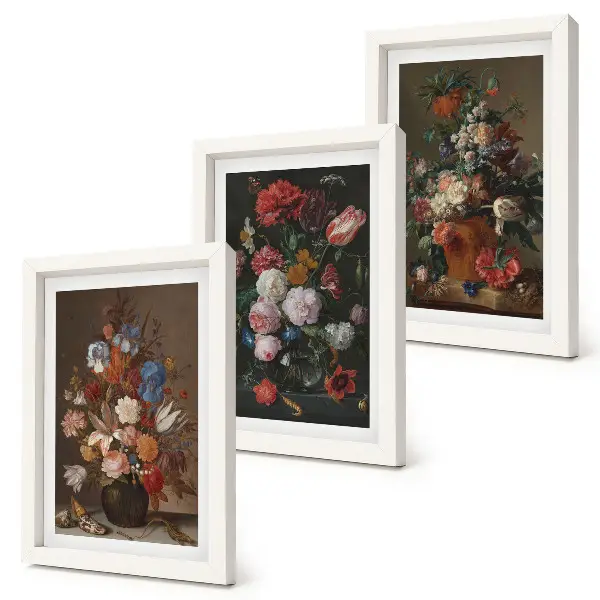 Tríptico com moldura de flores em vasos diversas composições vintage com plantas