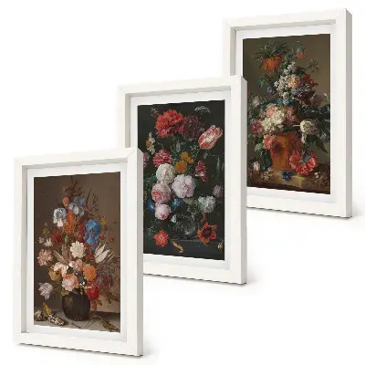 Tríptico com moldura de flores em vasos diversas composições vintage com plantas
