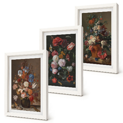 Tríptico com moldura Flores em vasos, diversas composições vintage com plantas.