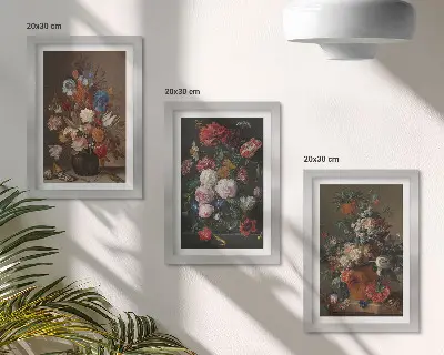Tríptico com moldura de flores em vasos diversas composições vintage com plantas