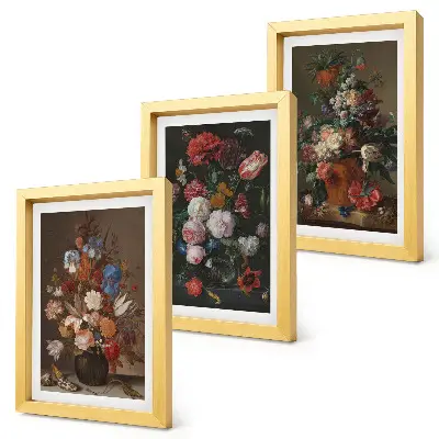 Tríptico com moldura de flores em vasos diversas composições vintage com plantas