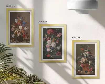 Tríptico com moldura de flores em vasos diversas composições vintage com plantas