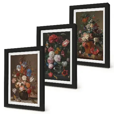 Tríptico com moldura de flores em vasos diversas composições vintage com plantas
