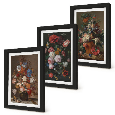 Tríptico com moldura Flores em vasos, diversas composições vintage com plantas.