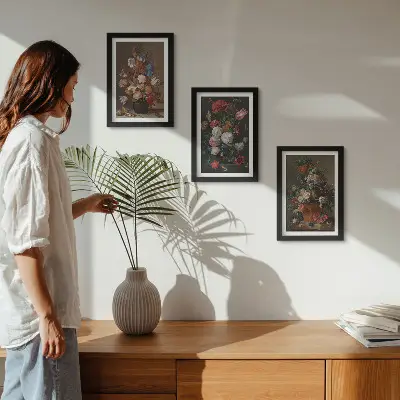 Tríptico com moldura de flores em vasos diversas composições vintage com plantas