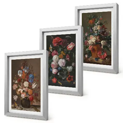 Tríptico com moldura de flores em vasos diversas composições vintage com plantas