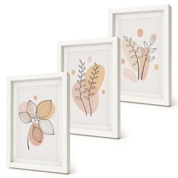 Conjunto de 3 quadros decorativos com desenhos minimalistas de plantas em tons pastel