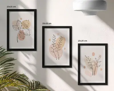 Conjunto de 3 quadros decorativos com desenhos minimalistas de plantas em tons pastel