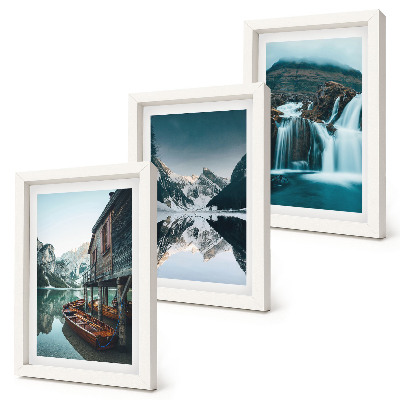 Conjunto de 3 quadros decorativos Paisagens montanhosas com uma cachoeira e um lago