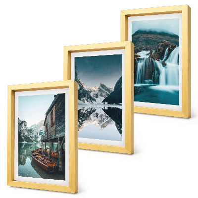 Conjunto de 3 quadros decorativos Paisagens montanhosas com uma cachoeira e um lago