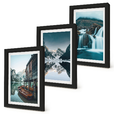 Conjunto de 3 quadros decorativos Paisagens montanhosas com uma cachoeira e um lago
