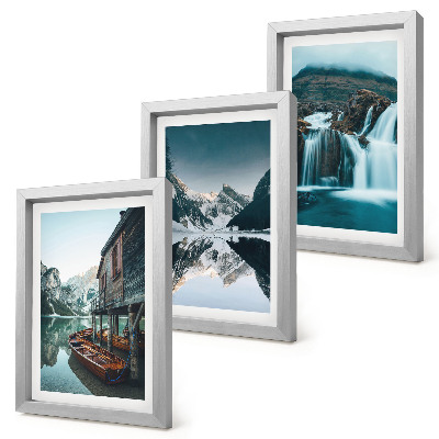 Conjunto de 3 quadros decorativos Paisagens montanhosas com uma cachoeira e um lago