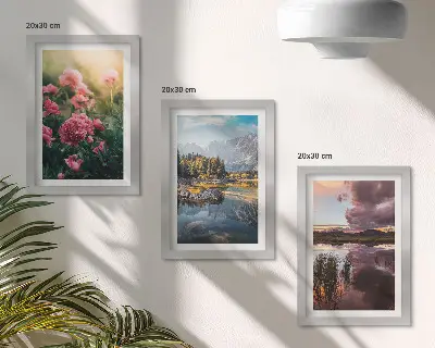 Conjunto de quadros decorativos com imagens de flores no jardim, montanhas e superfície da água