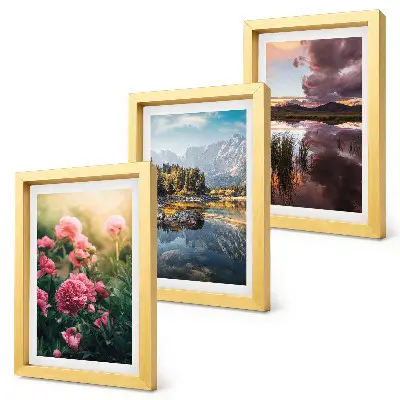 Conjunto de quadros decorativos com imagens de flores no jardim, montanhas e superfície da água