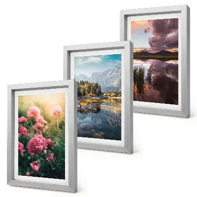 Conjunto de quadros decorativos com imagens de flores no jardim, montanhas e superfície da água