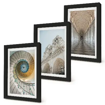 Conjunto de 3 quadros decorativos com a escadaria em espiral da catedral, a fachada do edifício e um corredor de azulejos