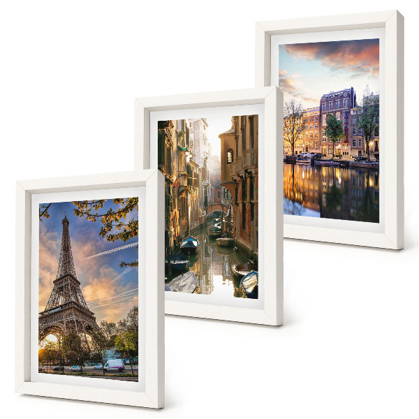 Conjunto de molduras com imagens A Torre Eiffel, os canais de Veneza e as ruas de Amsterdã.