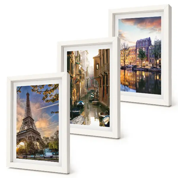 Conjunto de quadros decorativos com imagens da Torre Eiffel, canais de Veneza e ruas de Amsterdã