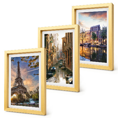 Conjunto de molduras com imagens A Torre Eiffel, os canais de Veneza e as ruas de Amsterdã.