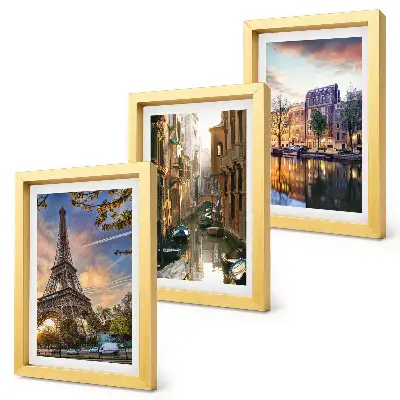 Conjunto de quadros decorativos com imagens da Torre Eiffel, canais de Veneza e ruas de Amsterdã