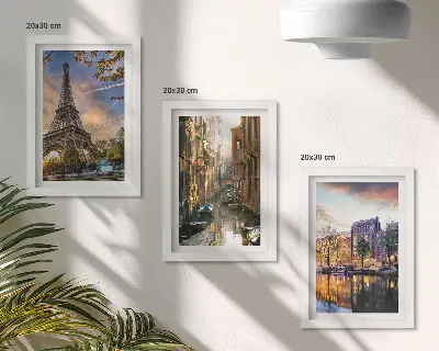 Conjunto de quadros decorativos com imagens da Torre Eiffel, canais de Veneza e ruas de Amsterdã