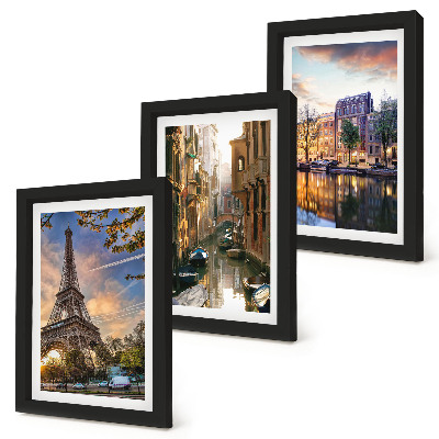 Conjunto de molduras com imagens A Torre Eiffel, os canais de Veneza e as ruas de Amsterdã.
