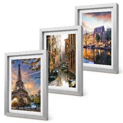 Conjunto de molduras com imagens A Torre Eiffel, os canais de Veneza e as ruas de Amsterdã.