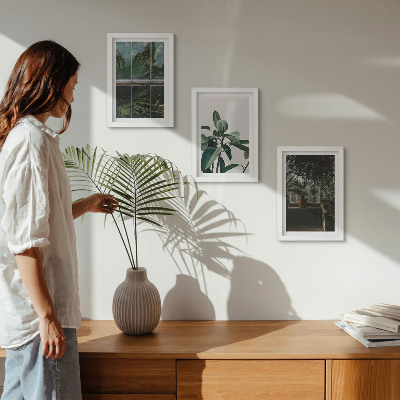 Tríptico com moldura Folhas verdes na janela e plantas dentro de casa.