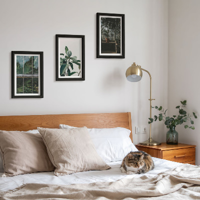 Tríptico com moldura Folhas verdes na janela e plantas dentro de casa.